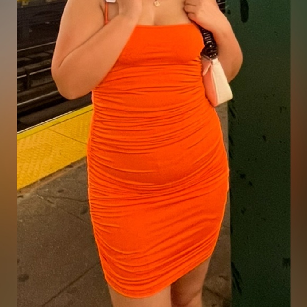 Vibrant Orange Ruched Mini Dress